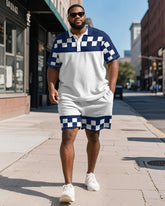 Men's Plus Size Business Blue Colorblock Checker Print Short-sleeved Polo Shirt Shorts Suit